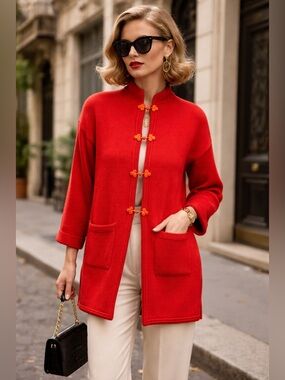 LeRoy Knit Cardigan Red Chinese Button Sweater Vintage Style Oversized